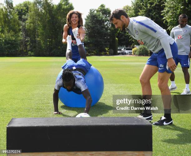 Ethan Ampadu and Tiemoue Bakayoko of Chelsea during a training session at Chelsea Training Ground on July 10, 2018 in Cobham, England.