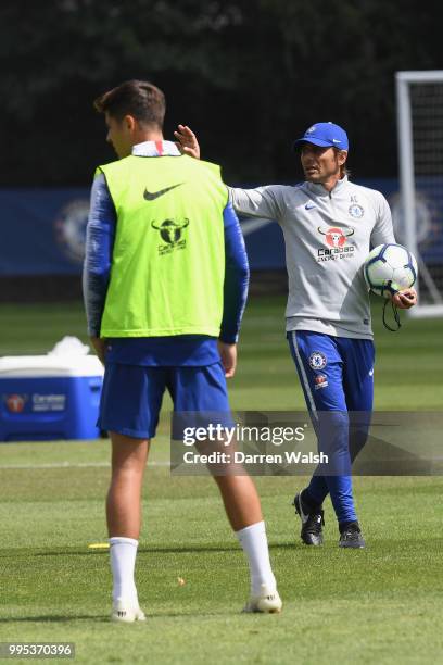 Antonio Conte of Chelsea during a training session at Chelsea Training Ground on July 10, 2018 in Cobham, England.