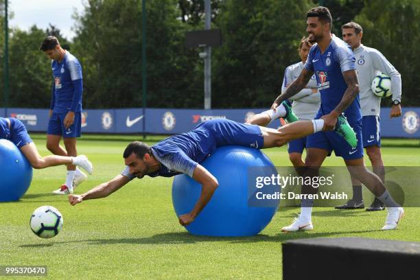 Davide Zappacosta and Emerson of Chelsea during a training session at Chelsea Training Ground on July 10, 2018 in Cobham, England.