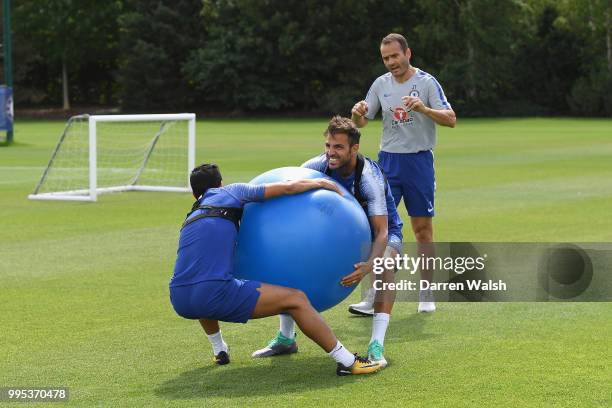 Pedro and Cesc Fabregas of Chelsea during a training session at Chelsea Training Ground on July 10, 2018 in Cobham, England.