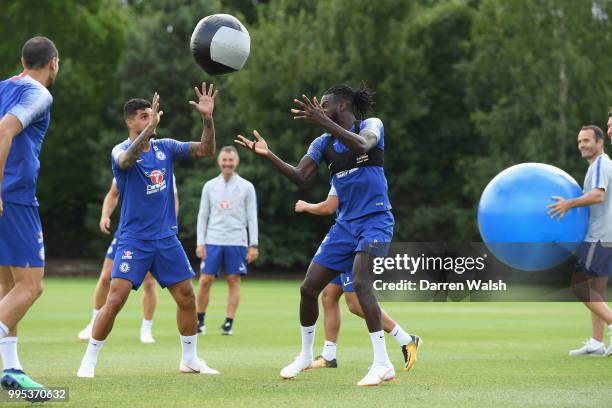 Tiemoue Bakayoko and Emerson of Chelsea during a training session at Chelsea Training Ground on July 10, 2018 in Cobham, England.