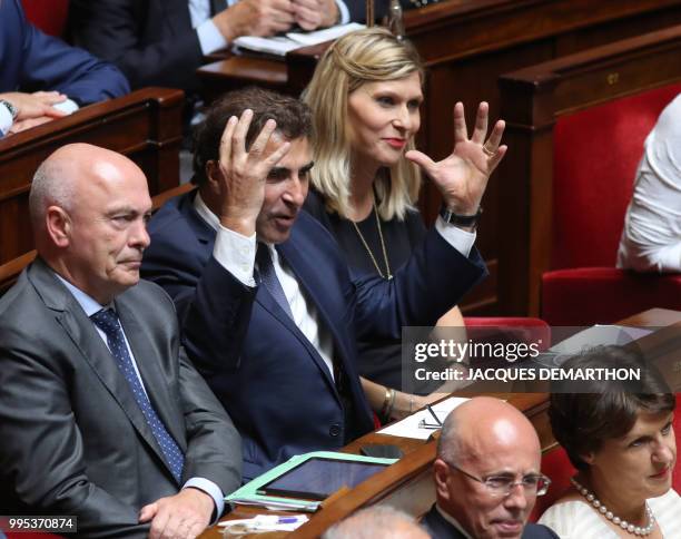 Head of the French right-wing Les Republicains party parliamentary group Christian Jacob gestures during a session of questions to the government at...