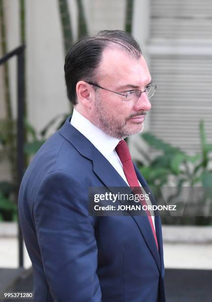 Mexican Secretary of Foreign Affairs Luis Videgaray walks after posing for the family photo during a meeting with US Homeland Security Secretary...