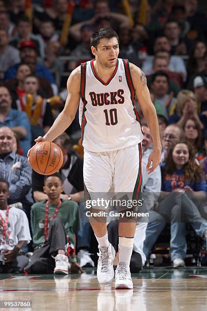 Carlos Delfino of the Milwaukee Bucks drives the ball against the Phoenix Suns on April 3, 2010 at the Bradley Center in Milwaukee, Wisconsin. NOTE...