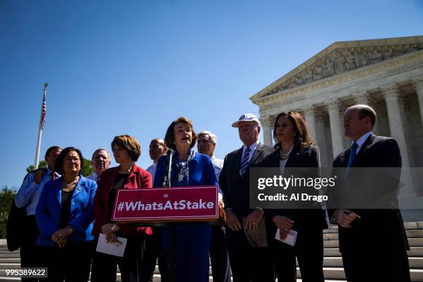 Senate Judiciary ranking member Dianne Feinstein, , speaks with Senate Democrats during a news conference to "save women's reproductive rights and...