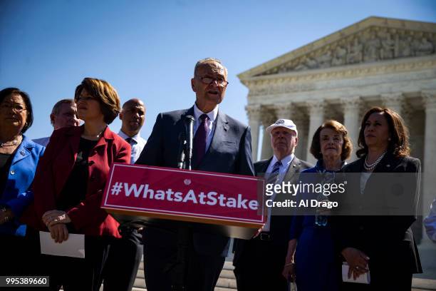 Senate Minority Leader Chuck Schumer D-N.Y.) speaks with Senate Democrats, during a news conference to "save women's reproductive rights and health...