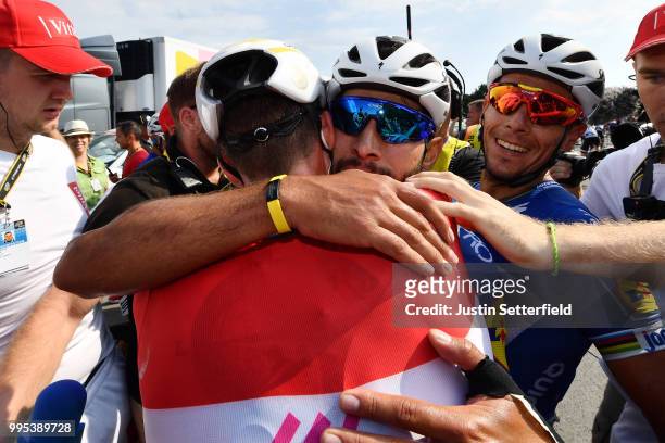 Arrival / Fernando Gaviria of Colombia and Team Quick-Step Floors / Bob Jungels of Luxembourg and Team Quick-Step Floors / Philippe Gilbert of...