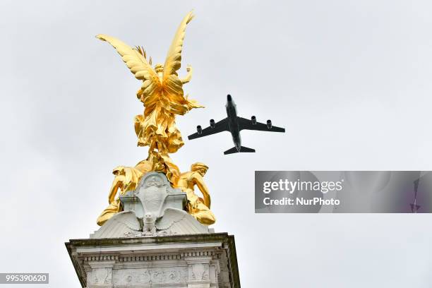 Militar aircrafts fly over The Mall and Buckingham palace as part of the celebration for the 100th anniversary of the Royal Air Force, London on July...