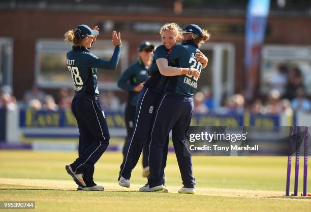 Katie George of England Women celebrates bowling out Amy Satterthwaite of New Zealand Women during the 2nd ODI: ICC Women's Championship between...