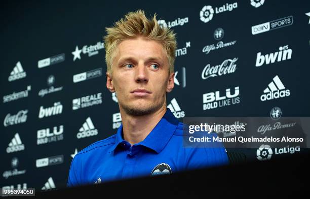 Daniel Wass faces the media during his presentation as a new player for Valencia CF at Paterna Training Centre on July 10, 2018 in Valencia, Spain.