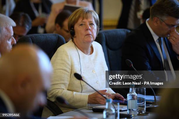 Germany's Chancellor Angela Merkel attends a plenary session during the second day of Western Balkans summit at Lancaster House, London.