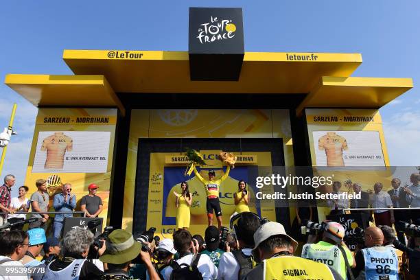 Podium / Greg Van Avermaet of Belgium and BMC Racing Team Yellow Leader Jersey / Celebration / Press Media / during the 105th Tour de France 2018,...