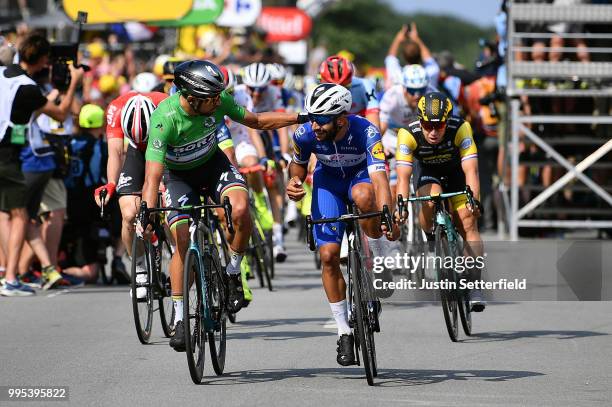 Arrival / Fernando Gaviria of Colombia and Team Quick-Step Floors / Celebration / Peter Sagan of Slovakia and Team Bora Hansgrohe Green Sprint Jersey...