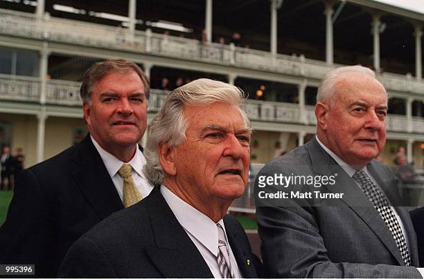 Former Prime Minister Bob Hawke with Kim Beazley and Sir William Dean spend a day at at the races for the Mick Young Scholarship Trust Race Day held...
