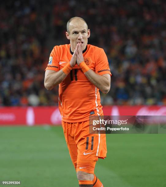 Arjen Robben of the Netherlands reacts during the FIFA World Cup Final between the Netherlands and Spain at the Soccer City Stadium on July 11, 2010...