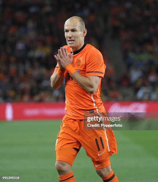 Arjen Robben of the Netherlands reacts during the FIFA World Cup Final between the Netherlands and Spain at the Soccer City Stadium on July 11, 2010...