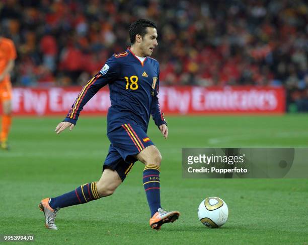 Pedro of Spain in action during the FIFA World Cup Final between the Netherlands and Spain at the Soccer City Stadium on July 11, 2010 in...