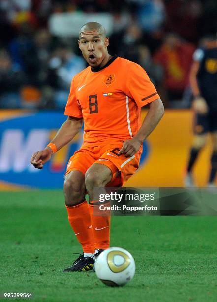 Nigel de Jong of the Netherlands in action during the FIFA World Cup Final between the Netherlands and Spain at the Soccer City Stadium on July 11,...