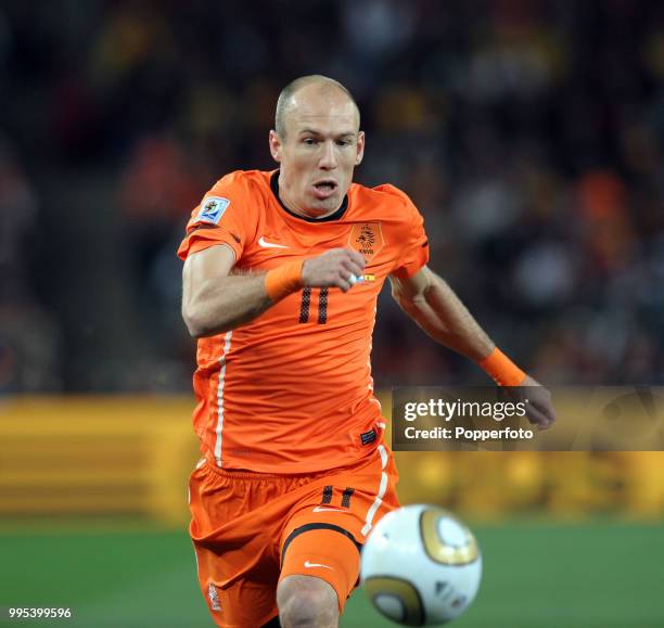 Arjen Robben of the Netherlands in action during the FIFA World Cup Final between the Netherlands and Spain at the Soccer City Stadium on July 11,...