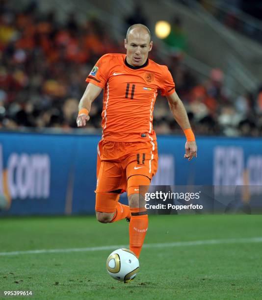 Arjen Robben of the Netherlands in action during the FIFA World Cup Final between the Netherlands and Spain at the Soccer City Stadium on July 11,...