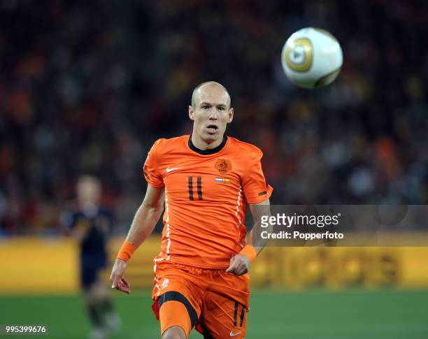 Arjen Robben of the Netherlands in action during the FIFA World Cup Final between the Netherlands and Spain at the Soccer City Stadium on July 11,...