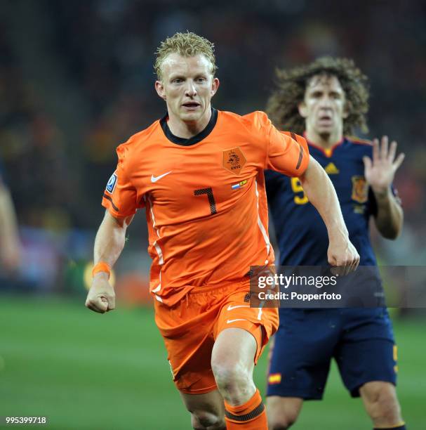 Dirk Kuyt of the Netherlands in action during the FIFA World Cup Final between the Netherlands and Spain at the Soccer City Stadium on July 11, 2010...