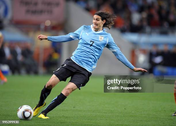 Edinson Cavani of Uruguay in action during the FIFA World Cup Semi Final between Uruguay and the Netherlands at the Cape Town Stadium on July 6, 2010...