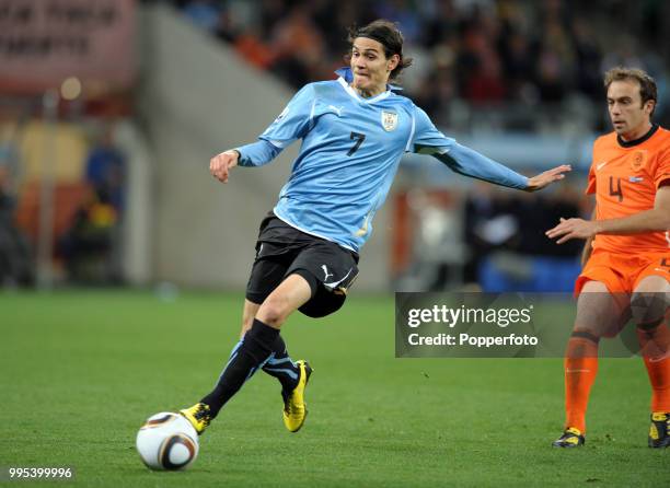 Edinson Cavani of Uruguay in action during the FIFA World Cup Semi Final between Uruguay and the Netherlands at the Cape Town Stadium on July 6, 2010...