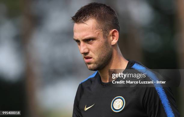 Stefan De Vrij of FC Internazionale looks on during the FC Internazionale training session at the club's training ground Suning Training Center in...
