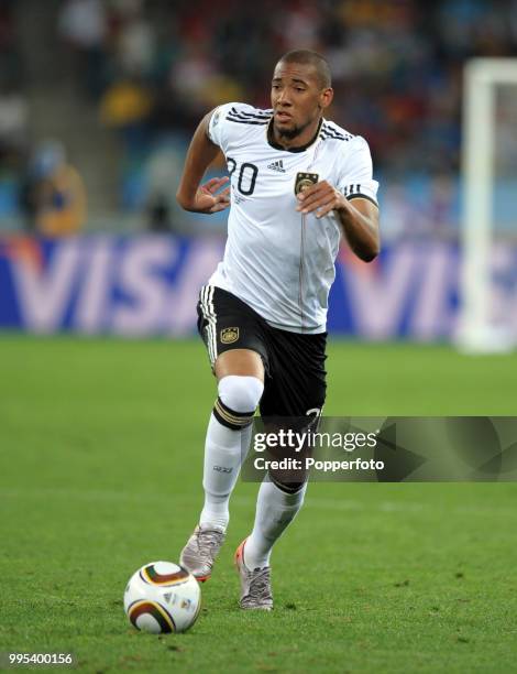 Jerome Boateng of Germany in action during the FIFA World Cup Semi Final between Germany and Spain at the Moses Mabhida Stadium on July 7, 2010 in...