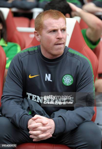 Celtic manager Neil Lennon looks on during the Emirates Cup match between Arsenal and Celtic at the Emirates Stadium on August 1, 2010 in London,...