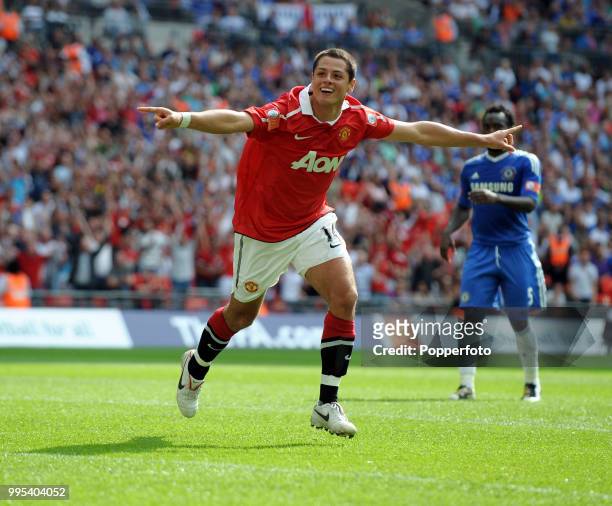 Javier Hernandez of Manchester United celebrates after scoring during the FA Community Shield between Chelsea and Manchester United at Wembley...