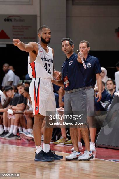 Aaron Harrison of the Washington Wizards reacts during the game against the the Cleveland Cavaliers during the 2018 Las Vegas Summer League on July...