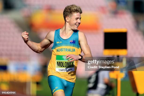 Ashley Moloney of Australia celebrates winning the second heat of the men's decathlon 400m on day one of The IAAF World U20 Championships on July 10,...