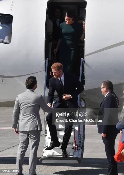 Prince Harry, Duke of Sussex and Meghan, Duchess of Sussex arrive at Dublin city airport on their official two day royal visit to Ireland on July 10,...