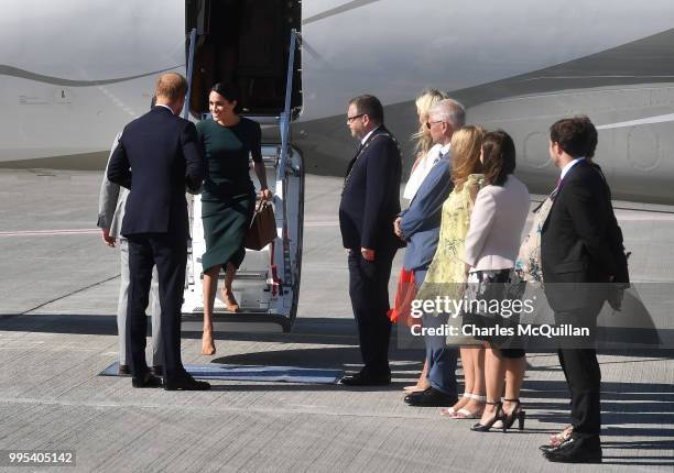 Prince Harry, Duke of Sussex and Meghan, Duchess of Sussex arrive at Dublin city airport on their official two day royal visit to Ireland on July 10,...