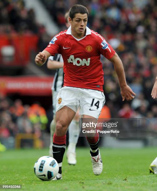Javier Hernandez of Manchester United in action during the Barclays Premier League match between Manchester United and West Bromwich Albion at Old...