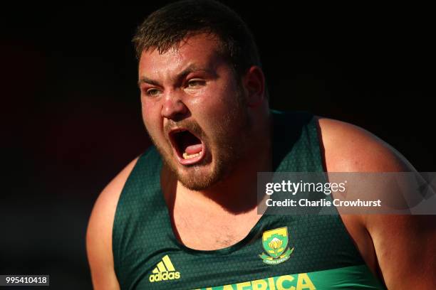 Kyle Blignaut of South Africa celebrates winning the final of the men's shot put on day one of The IAAF World U20 Championships on July 10, 2018 in...