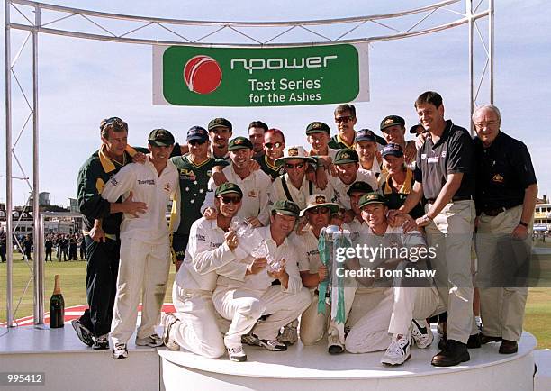 Australia celebrates with the NPower and Ashes Trophy after winning the 5th Ashes Test between England and Australia at The AMP Oval, London....