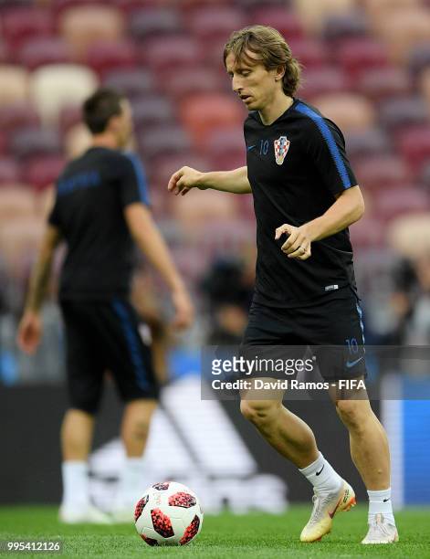 Luka Modric of Croatia controls the ball during the Croatia Training Session at the Luzhniki Stadium on July 10, 2018 in Moscow, Russia.