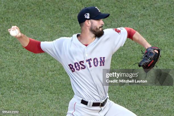 Rick Porcello of the Boston Red Sox pitches during a baseball game against the Washington Nationals at Nationals Park on July 2, 2018 in Washington,...