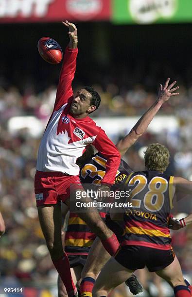 Adam Goodes for Sydney wins a ruck against Ben Marsh for Adelaide during the match between the Adelaide Crows and the Sydney Swans in round 16 of the...