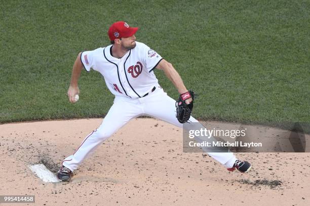 Max Scherzer of the Washington Nationals pitches during a baseball game against the Boston Red Sox at Nationals Park on July 2, 2018 in Washington,...