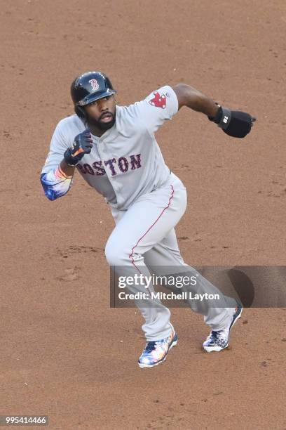 Jackie Bradley Jr. #19 of the Boston Red Sox runs to second base during a baseball game against the Washington Nationals at Nationals Park on July 2,...