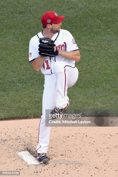 Max Scherzer of the Washington Nationals pitches during a baseball game against the Boston Red Sox at Nationals Park on July 2, 2018 in Washington,...
