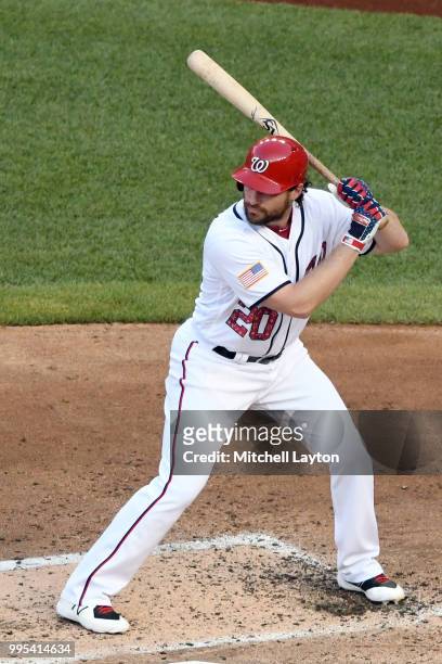Daniel Murphy of the Washington Nationals prepares for a pitch during a baseball game against the Boston Red Sox at Nationals Park on July 2, 2018 in...