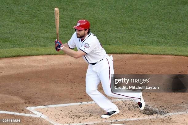 Daniel Murphy of the Washington Nationals takes a swing during a baseball game against the Boston Red Sox at Nationals Park on July 2, 2018 in...