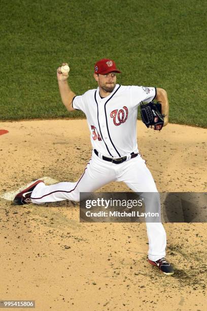 Max Scherzer of the Washington Nationals pitches during a baseball game against the Boston Red Sox at Nationals Park on July 2, 2018 in Washington,...