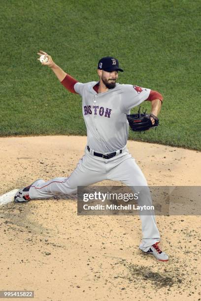 Rick Porcello of the Boston Red Sox pitches during a baseball game against the Washington Nationals at Nationals Park on July 2, 2018 in Washington,...