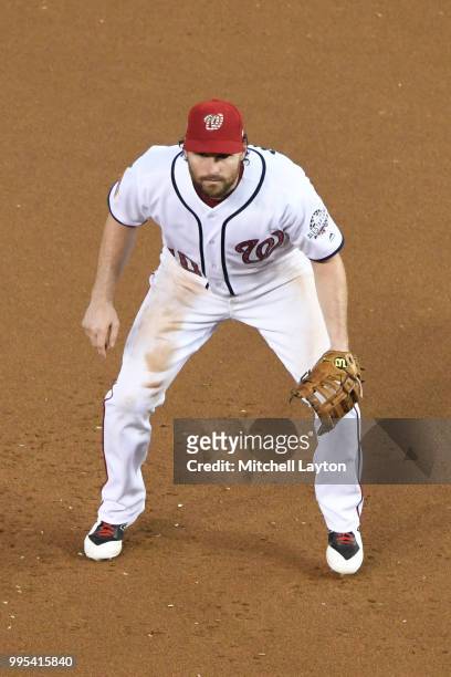 Daniel Murphy of the Washington Nationals looks on during a baseball game against the Boston Red Sox at Nationals Park on July 2, 2018 in Washington,...